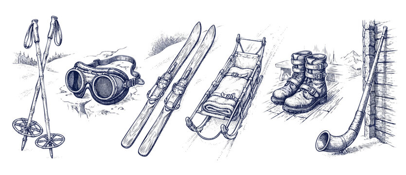 Vintage winter sports equipment drawing collection featuring classic wooden skis, leather boots, ski poles, goggles, retro sled, and alpine horn in detailed engraving style for nostalgic ski trips.