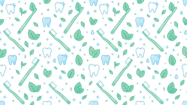Seamless pattern with toothbrushes mint leaves and teeth for dental care and oral hygiene background vector illustration