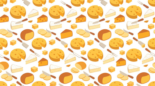 Seamless pattern with various types of cheese and cutlery on a white background vector illustration