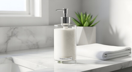 Fototapeta premium White Ceramic Dispenser with Fresh Aloe Plant on Minimalist Bathroom Countertop