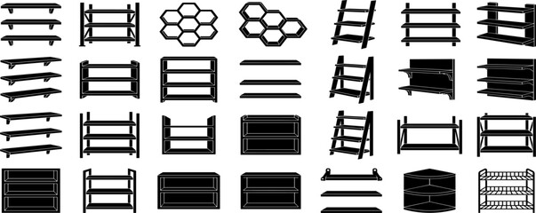 Wall Shelves and Storage Racks Silhouette Set with Hexagon Cells, Bookshelves, Ladder Units, and Corner Cabinets for Home Interior Layouts and Furniture Catalog Designs © Mdsumon