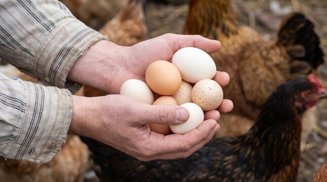 Farmer holding fresh farm organic chicken eggs in hands with agriculture