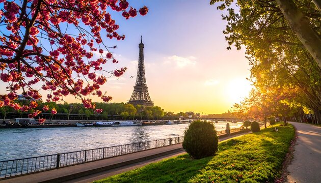 A serene Parisian landscape at sunrise with the Eiffel Tower standing tall beside a river, surrounded by lush greenery and a blooming tree