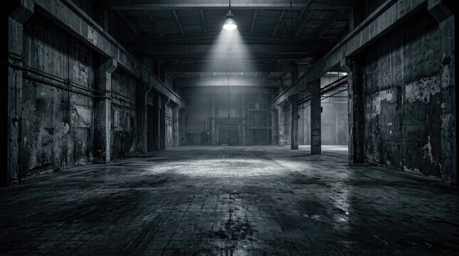 Spooky halloween background abandoned industrial warehouse interior with creepy lighting