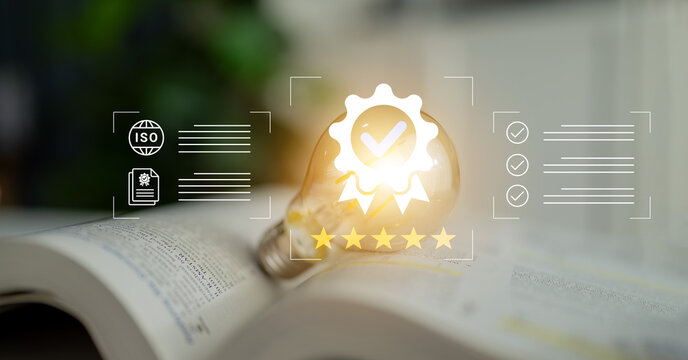 A creative visual of a light bulb with a quality assurance symbol representing ISO certification, set on an open book, conveying excellence in a professional context. Cyphers