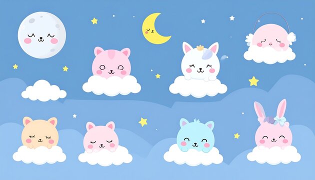 A serene night scene with cute sleeping animals on clouds