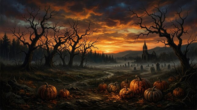 Spooky halloween background with pumpkins bare trees and a haunted church at sunset