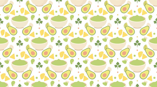 Seamless pastel Mexican guacamole pattern with avocado halves and corn chips on white background