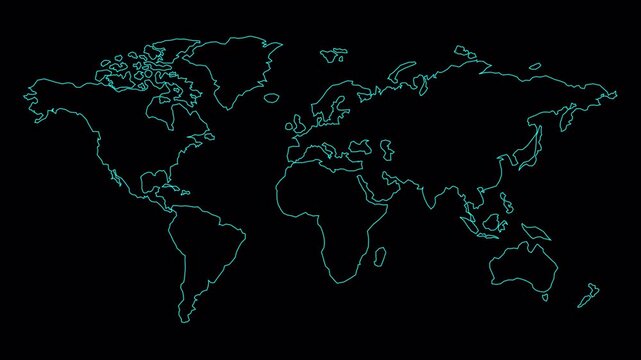 Abstract Digital World Map Outline Glowing on Dark Background.