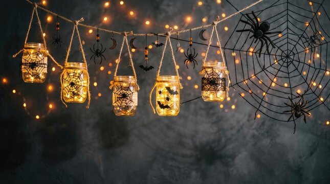 Spooky halloween background with glowing jar lanterns spiderwebs and bats festive decoration