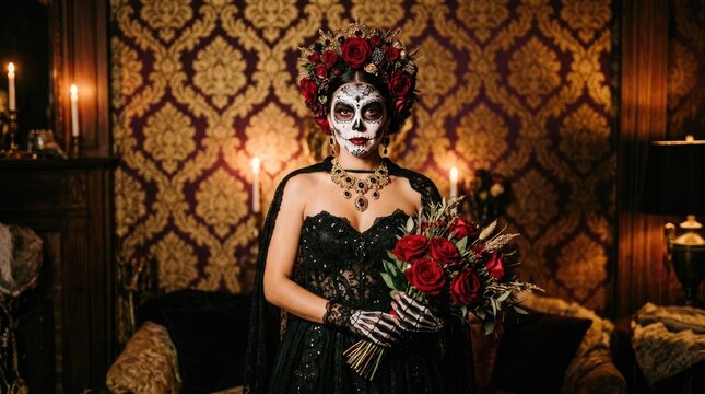Halloween background with woman in black dress and sugar skull makeup for day of the dead celebrations