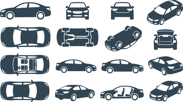 Car vector silhouette icon set showing sedan vehicles from top side front back underbody and interior orthographic projection views