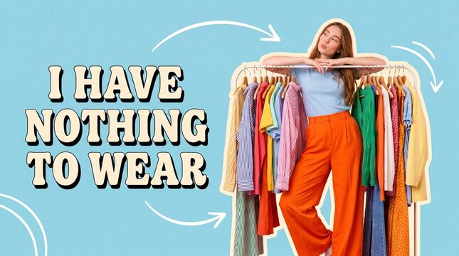 Woman looking at clothes with nothing to wear text clothing wardrobe shopping