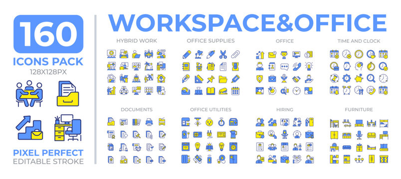 Office workspace colorful icons set collection. Physical and virtual space of work cooperation mega pack of flat line symbols, pixel perfect. Isolated vector illustrations. Editable stroke