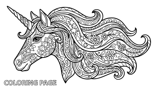 Majestic Hand Drawn Unicorn Head Zentangle Coloring Page Vector for Kids Teens and Adults