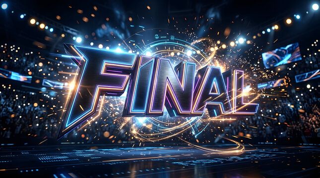 Futuristic 3D gold and neon glass typography banner for esports final tournament championship stage with audience