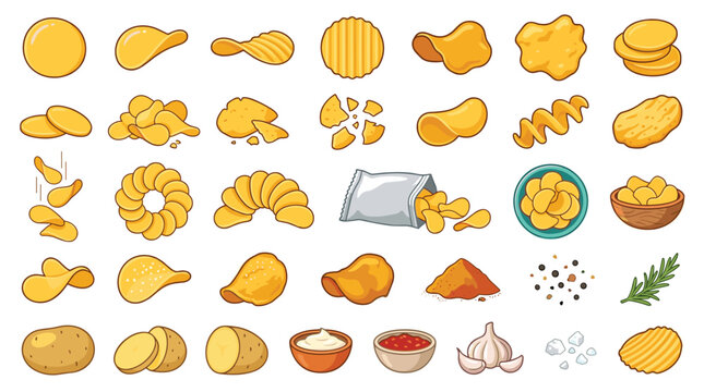 Potato chips assortment with whole potatoes and dips on white background vector illustration