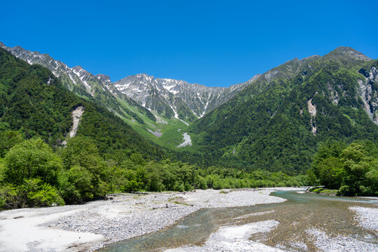 Azusa River and mountain view along Kamikochi trail, Japan