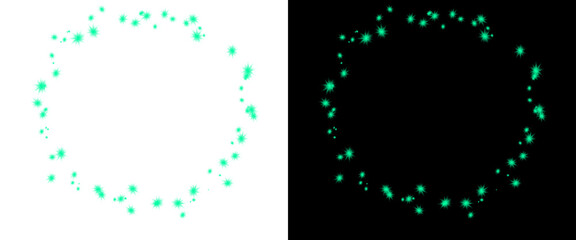Glowing green particle ring on black and white backgrounds, magic light circle with sparkling dust, glowing bokeh frame overlay © Md