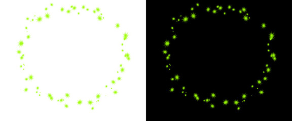 Glowing green fireflies in a circular frame, magical bioluminescent light particles on black and white backgrounds, sparkling dust ring © Md