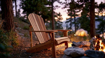 Fototapeta premium A clean product-style camping scene focused on a premium wooden Adirondack chair placed beside a contained stone campfire ring, empty chair with natural wood grain and slatted seat