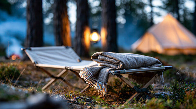 A clean product-style camping scene focused on a vintage metal camping cot with a neatly folded wool blanket at its foot, empty sleeping surface with no objects, natural canvas and