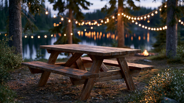 A clean product-style camping scene focused on a premium wooden picnic bench with attached seating, empty tabletop and benches with no objects, natural weathered wood surface and g