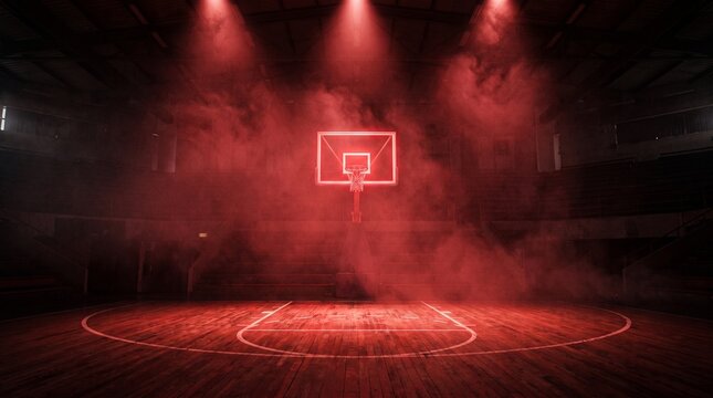 Red illuminated basketball hoop in dark misty gym with basketball, spotlight