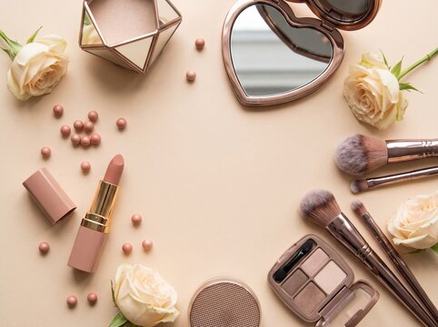 Flat lay composition of makeup and beauty products with roses, cosmetics