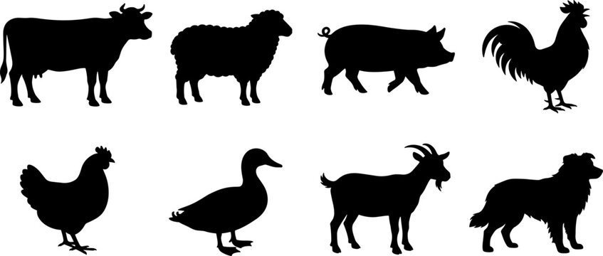 Farm animals silhouette vector set featuring cow sheep pig rooster hen duck goat and sheepdog