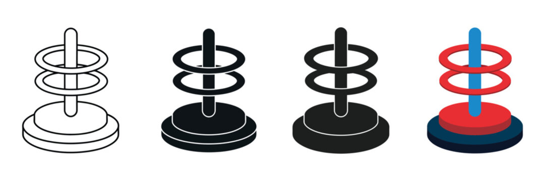 Ring toss game icons with carnival target stand, outline, silhouette, flat, and isometric vector styles for amusement, festival, and leisure projects.