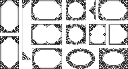 Set of decorative vintage frames and borders with floral ornaments transparent background © SampaRani