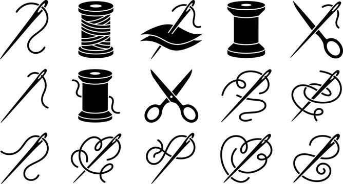 Sewing and Tailoring Silhouette Icon Set with Needles, Thread Spools, Scissors, and Swirling Stitches for Fashion Atelier Branding, Handicraft Blogs, and Garment Manufacturing Designs