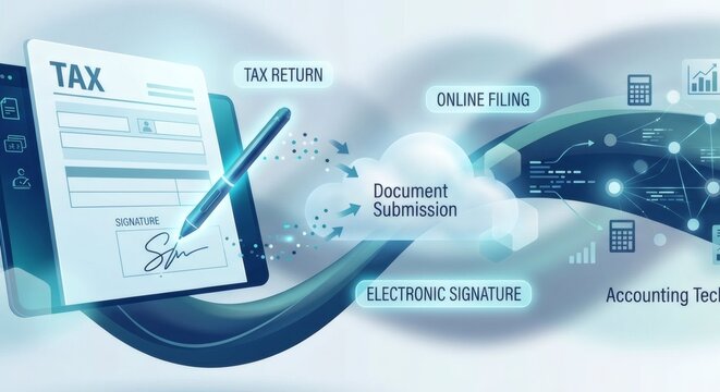 Online tax return electronic filing application concept banner with tablet signature screen