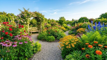 Obraz premium Blooming ornamental garden with colorful flowers and a wooden arbor. Peaceful landscape, outdoor relaxation, botanical beauty, spring gardening, summer season.