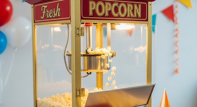 Retro popcorn machine display with fresh popcorn and colorful decorations in background. Classic popcorn machine brings nostalgia at parties, events, and celebrations,