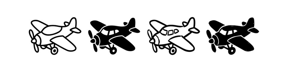 Set of four hand-drawn propeller airplane icons. Minimalist black and white doodle aircraft in outline and solid styles. © Nort Kor