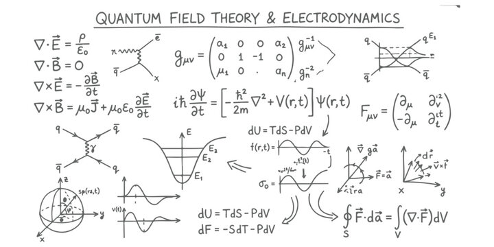 Handwritten quantum field theory and electrodynamics physics formulas and diagrams on paper