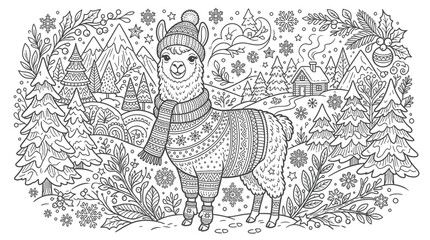 Cute llama in winter landscape, wearing knitted hat and scarf, coloring page © sufyan