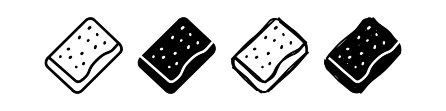 Hand-drawn and flat kitchen sponge vector icon set. Minimalist black and white symbols for cleaning, washing dishes, and household hygiene maintenance.