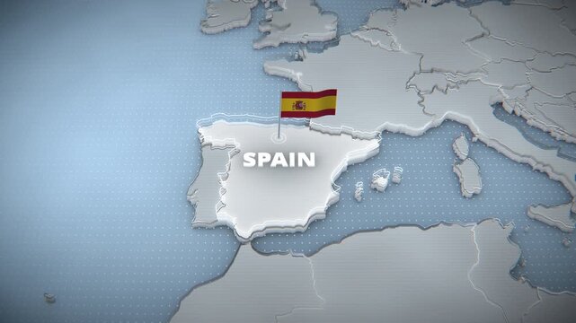 3D animated map highlighting Spain with glowing borders, text, and national flag. Clean modern geographical graphic for broadcast news segments or corporate presentation backgrounds.
