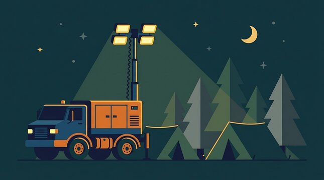 Light tower truck at camping site at night