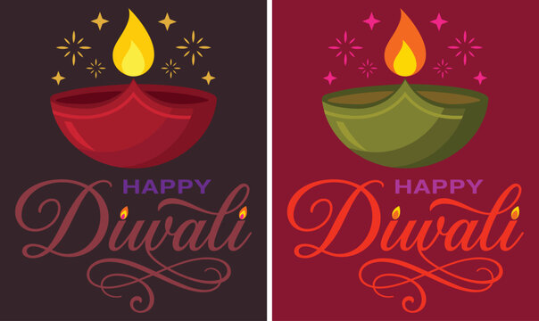 Diwali celebration graphics two vibrant deepa lamps with festive typography for holiday marketing