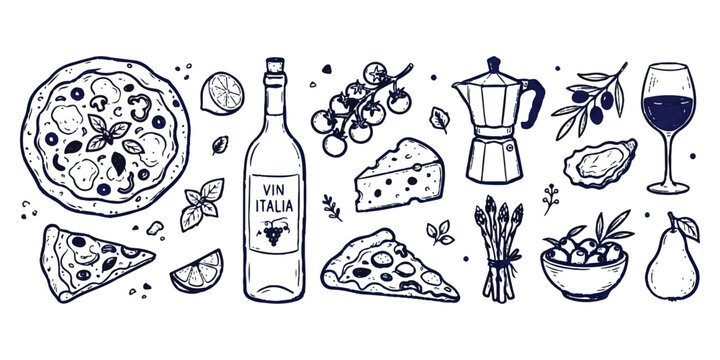 Hand drawn italian food collection with pizza wine cheese and coffee maker