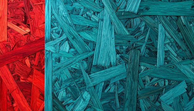 Vibrant red and deep teal chipboard background. Oriented strand board textures, showcasing raw wooden flake patterns, models, background, poster, collage, gift wrap, wallpaper.