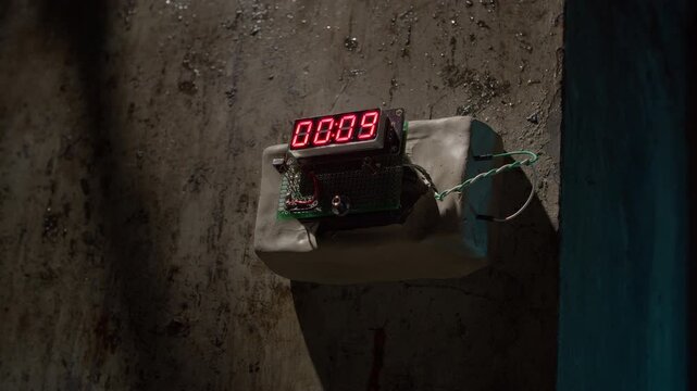A plastic explosive bomb with a digital diplay about to explode.