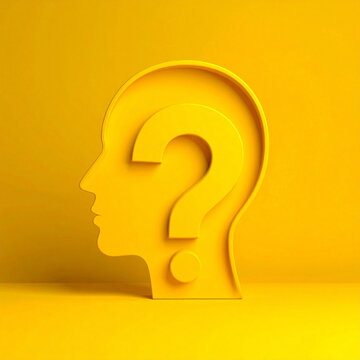 A conceptual minimalist 3D illustration featuring a human head silhouette in profile, incorporating a prominent question mark symbol within, set against a vibrant and monochrome yellow background.
