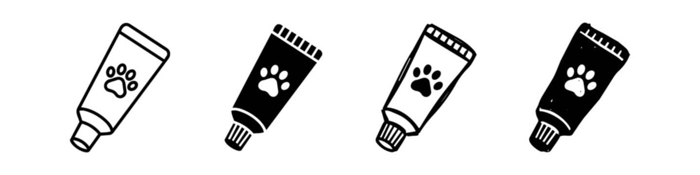 Set of pet care product tube icons featuring a paw print, in outline, solid, and hand-drawn styles. Ideal for veterinary, grooming, and pet hygiene designs.