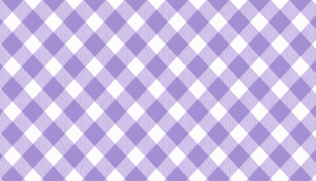 A seamless diagonal gingham pattern featuring a classic checkered design in vibrant purple and white hues with subtle decorative textured details, perfect for modern textile or background design.