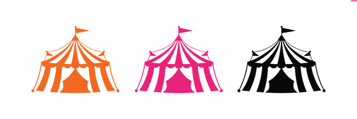 Circus tent icons illustrating carnival pavilion, striped event tent, amusement entertainment, festival attraction, and clean vector graphics for recreational themes. © MD. ARIF ISLAM